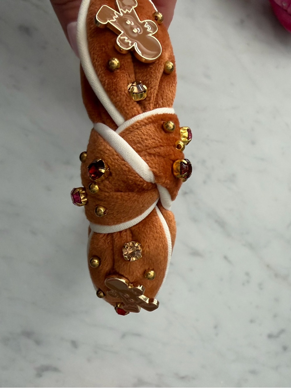 Embellished Plush Headband with Gingerbread Accents - Rust/White Kids size